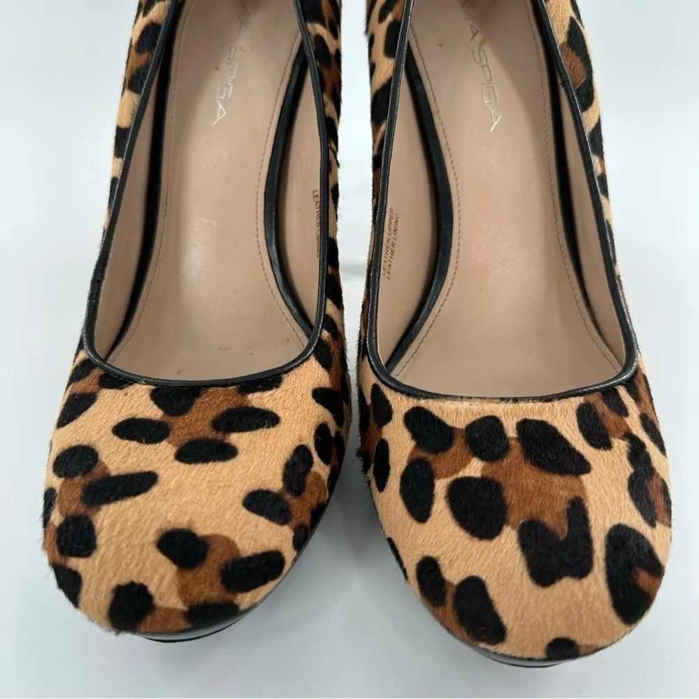 Via Spiga heels size 8 black Italian leather cheetah print calf hair platforms